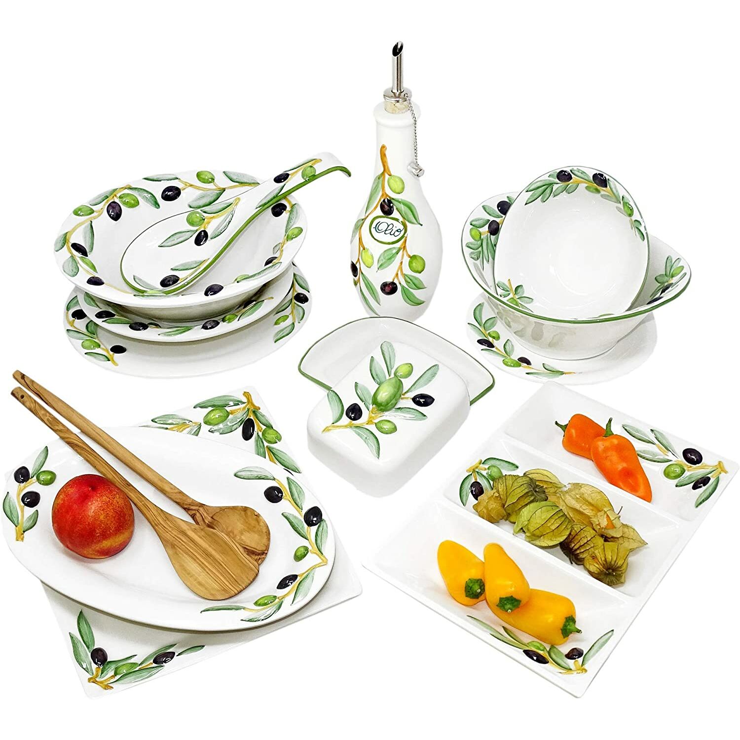 Tafel Set 2 teilig, Keramik Servierplatte & Salatschale, Keramikteller mit  Oliven Dekor, Servierteller mediterran